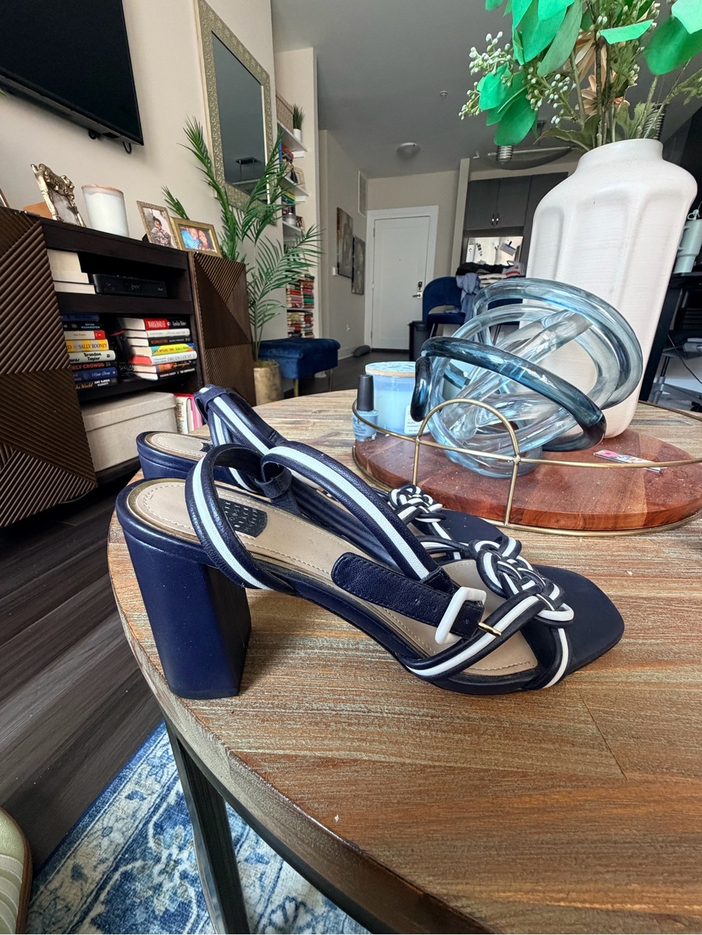White House Black Market Navy and White Braided Block Heel Sandals
